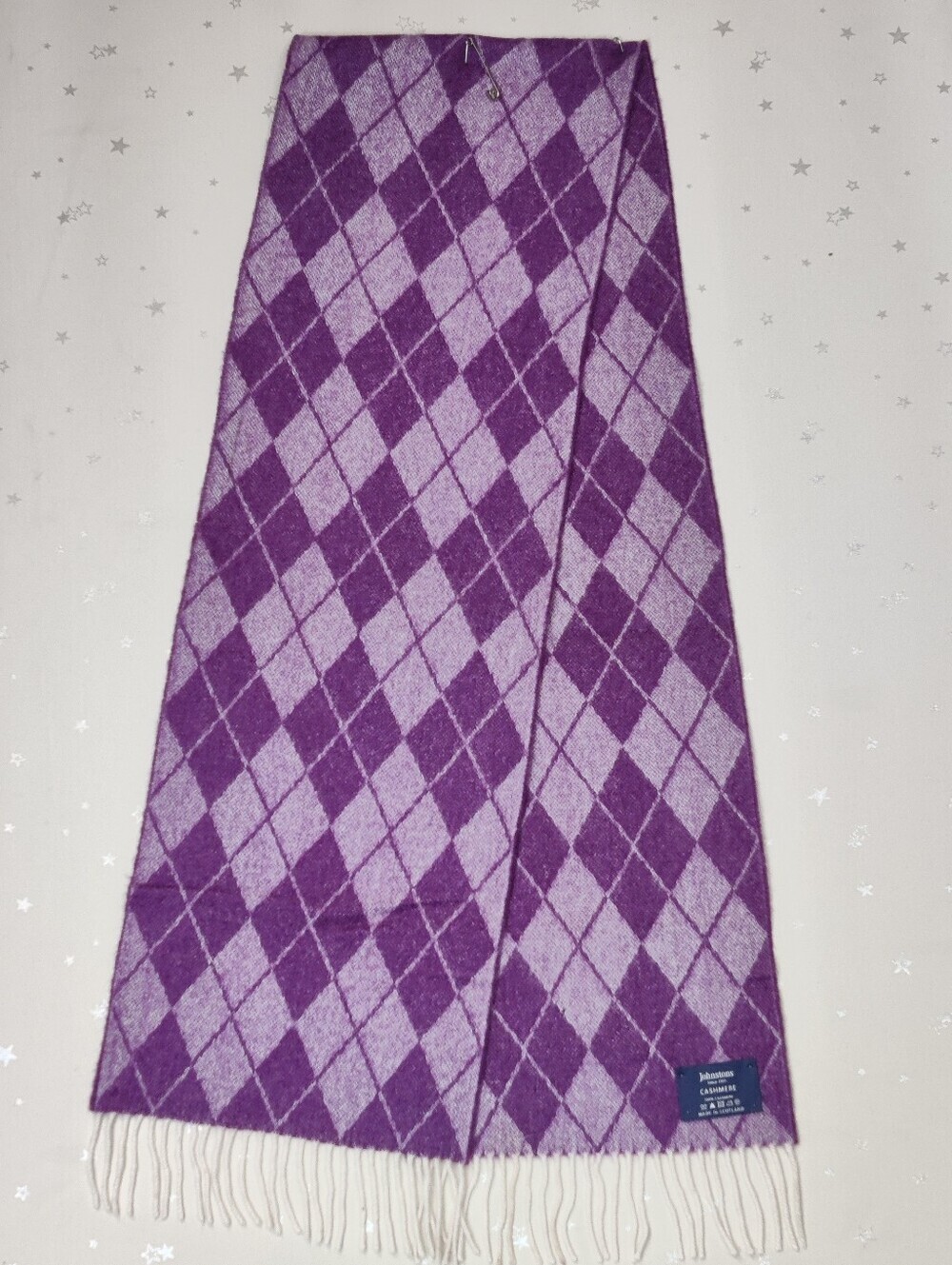 Johnstons of Elgin 100% Cashmere Scarf Purple Argyle Scotland NWOT 10x64
